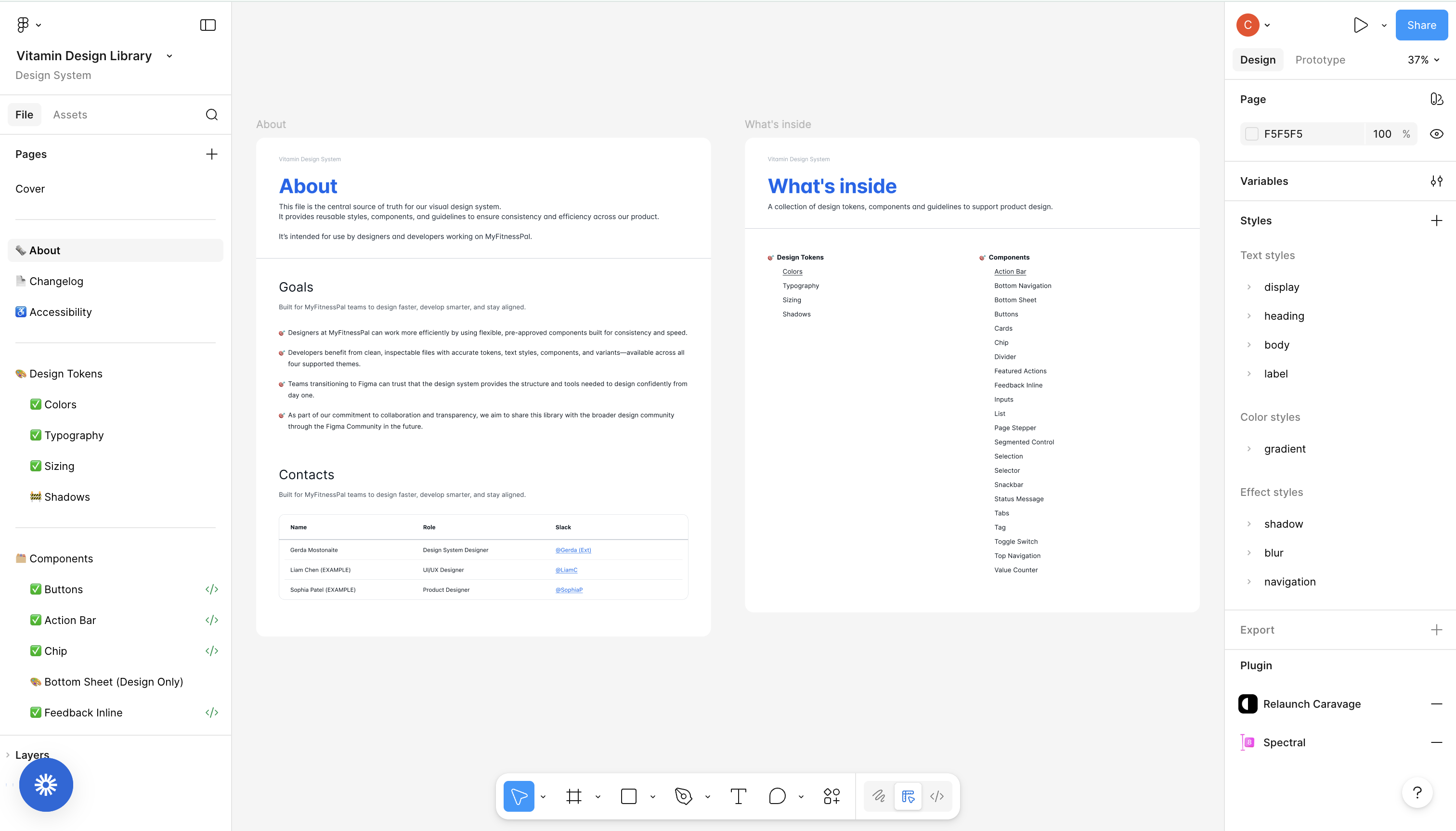 Vitamin Design Library overview — About and What's inside pages showing design tokens and components structure