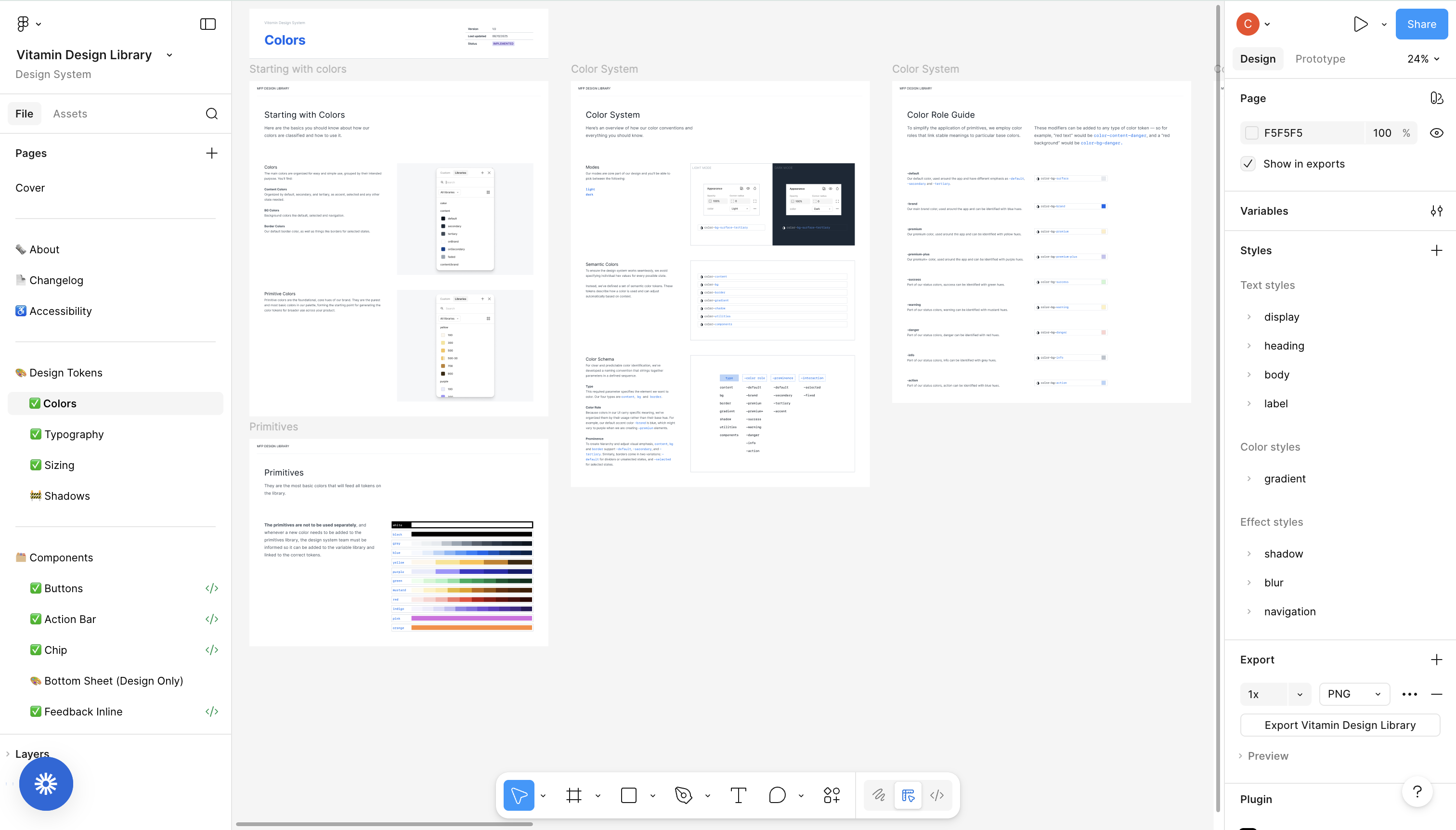 Figma design system file showing structured color token documentation with primitives, semantic tokens, and color role guide