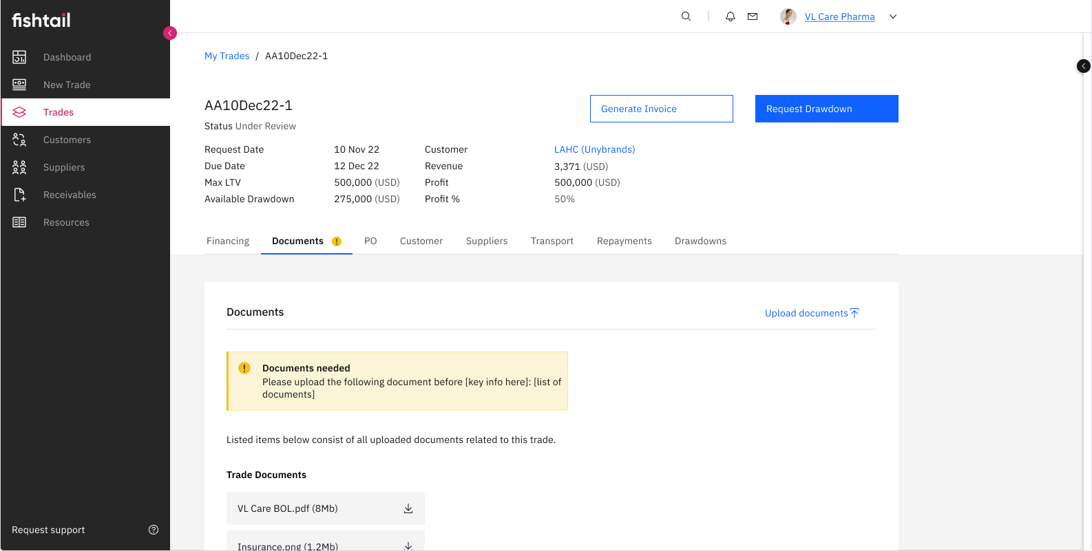 Fishtail trade finance platform — trade details page showing financing information, documents tab, and trade status