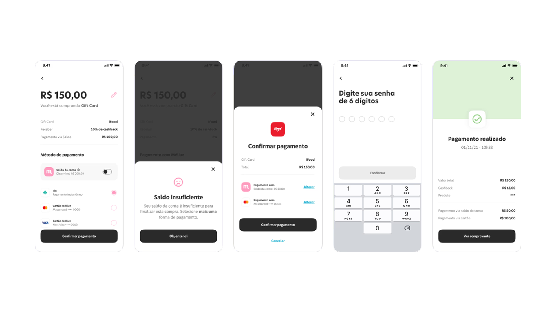 Early checkout designs showing the initial payment flow with 5 screens: payment selection, insufficient balance error, payment confirmation, PIN entry, and success state