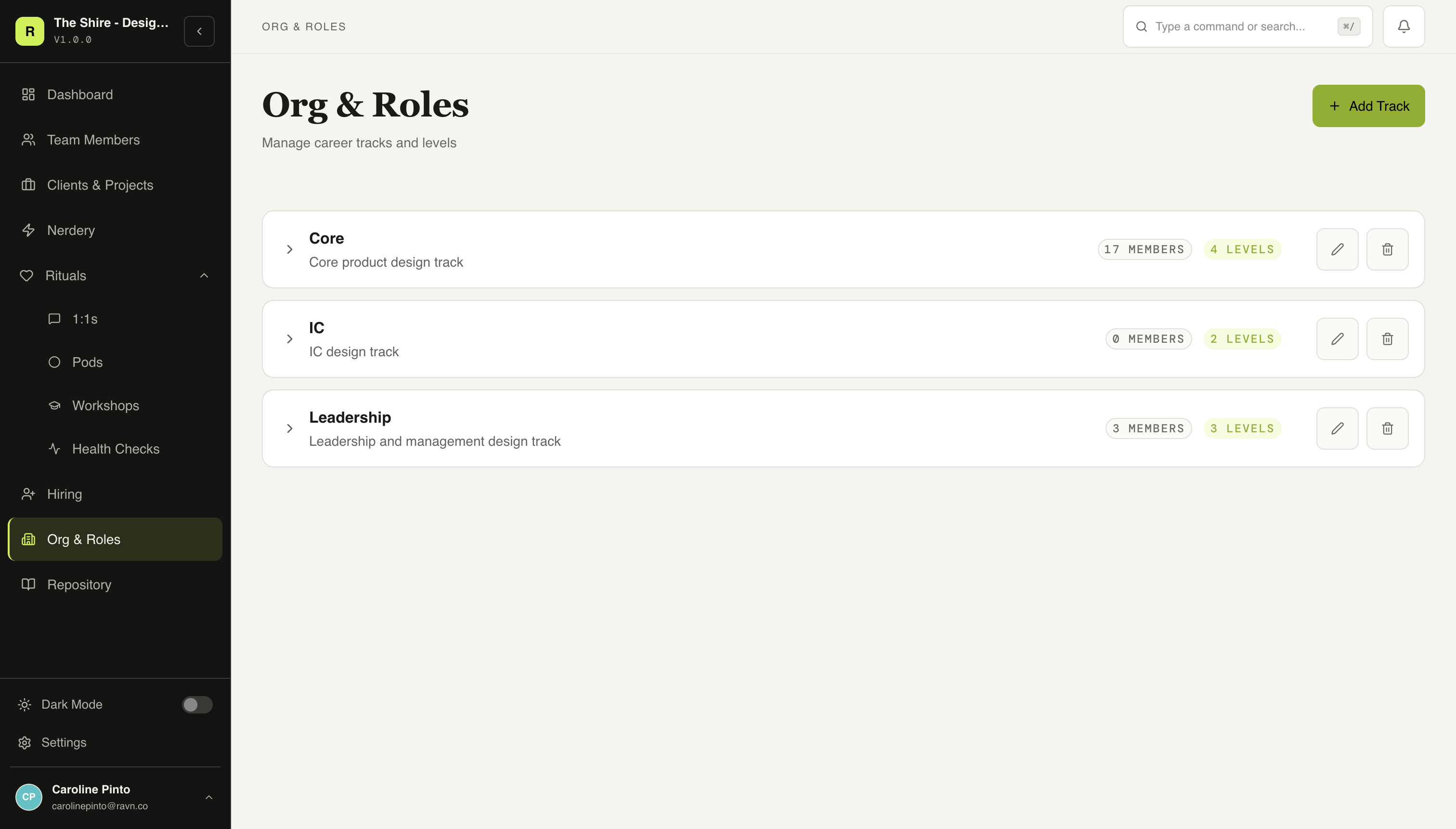 The Shire Org and Roles page showing three career tracks: Core product design track with 17 members and 4 levels, IC design track with 2 levels, and Leadership track with 3 members and 3 levels